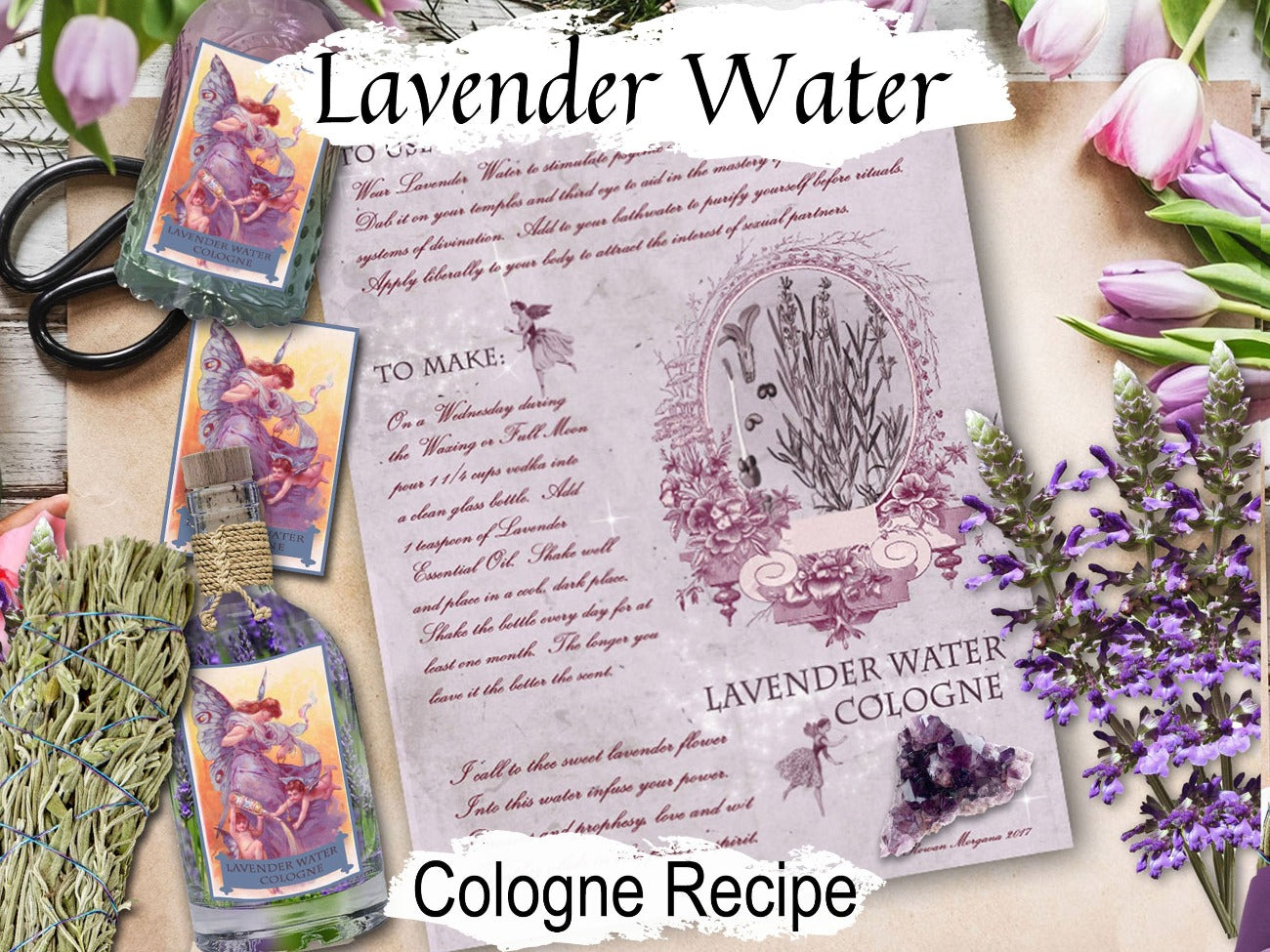 LAVENDER WATER COLOGNE, Recipe & Labels, Wicca Perfume Apothecary, Green Witch Witchcraft Aromatherapy, Kitchen Witch Herbal Apothecary - Morgana Magick Spell