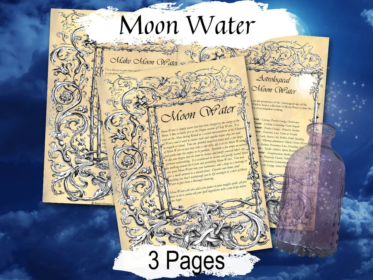 MOON WATER Recipe, 3 Pages Digital Download, Wicca Water Blessing, How to Make Moon Water, Moon Water Potion, Lunar Water, Wicca Holy Water - Morgana Magick Spell