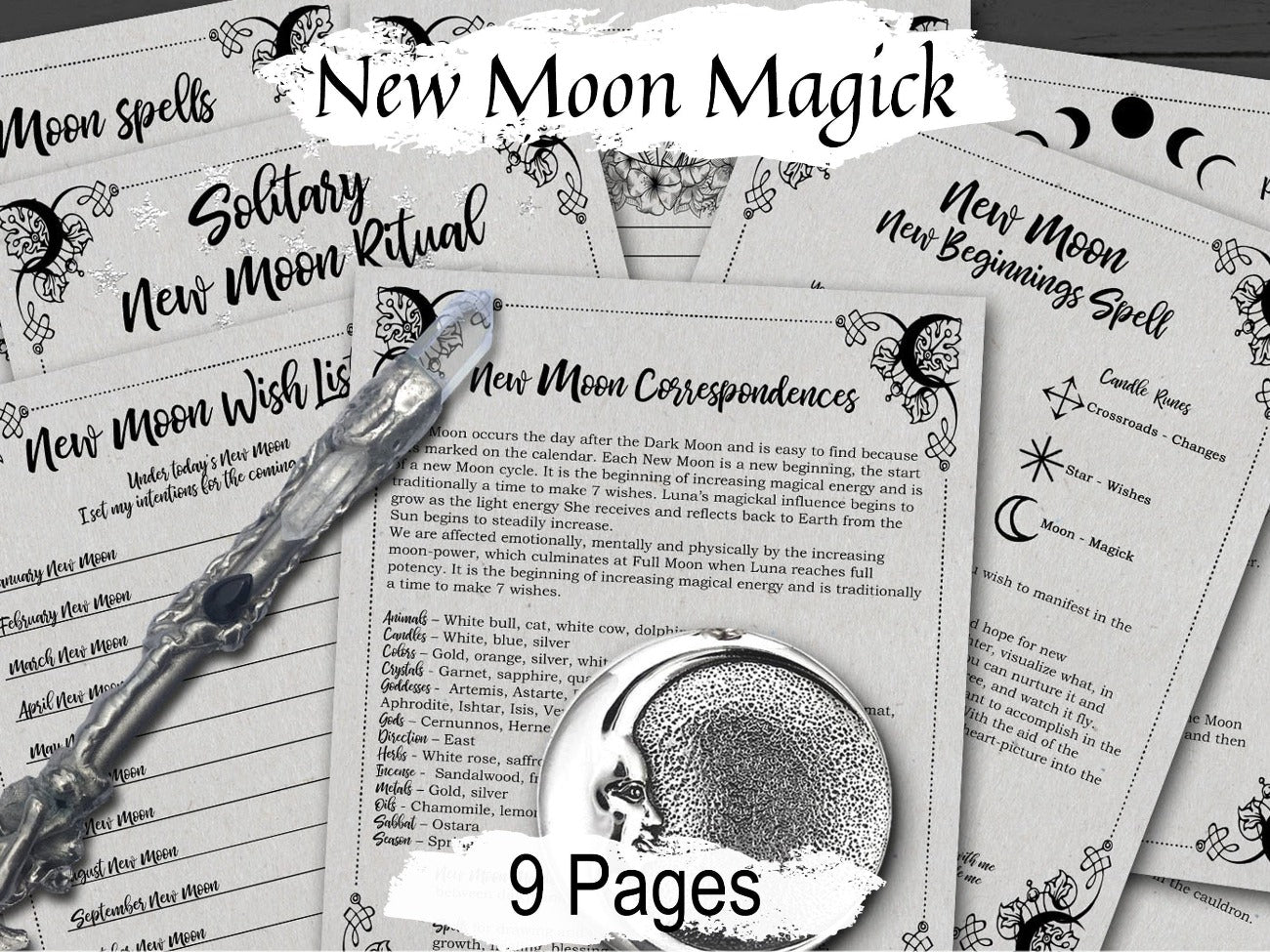 NEW MOON MAGICK 9 Pages, Wicca Witchcraft New Moon Correspondences, Moon Spell, New Moon Goddess Ritual Esbat Draw Down the Moon Printable - Morgana Magick Spell