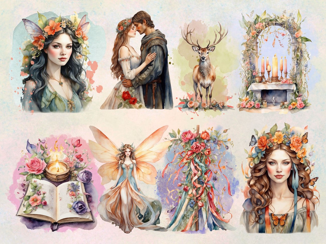 BELTANE CLIPART, Fantasy Spring Graphics, May Day Sabbat Grimoire, Watercolor Art, Commercial Use, Goddess Wicca Gift, Commercial Use - Morgana Magick Spell