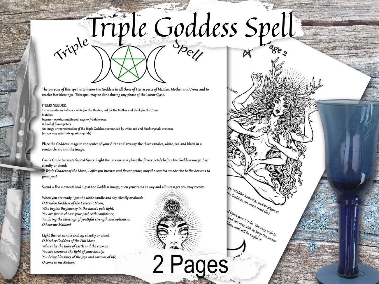 TRIPLE GODDESS, Blessing Spell, 2 Pages, Witchcraft Goddess Spell, Wicca Goddess Magic, Maiden Mother Crone, Cast a Witch Moon Spell - Morgana Magick Spell
