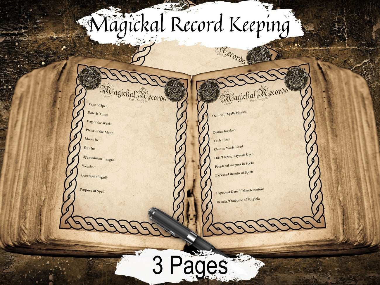 MAGICKAL RECORDS, Spell Journal Page, Keep a Witchcraft Magic Diary, Wicca Ritual Recipe Template Guide for your Book of Shadows, 3 Pages - Morgana Magick Spell
