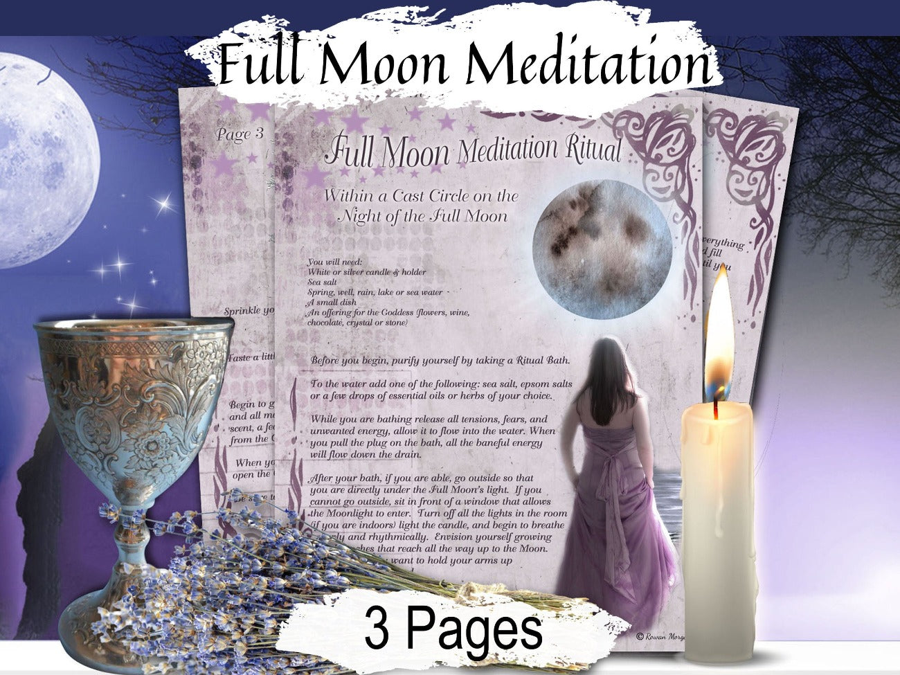 FULL MOON MEDITATION, Lunar Mindfulness Practice, Self-Care, Energy Cleansing, Relaxation technique, Inner Peace, Astral Projection, 3 Pages - Morgana Magick Spell