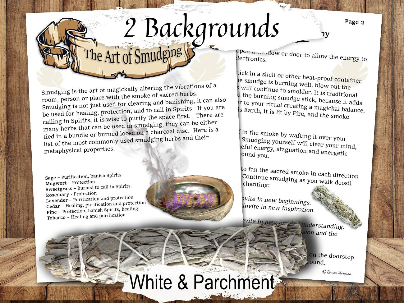 ART of SMUDGING 2 Printable Pages, shown with the optional white background - Morgana Magick Spell