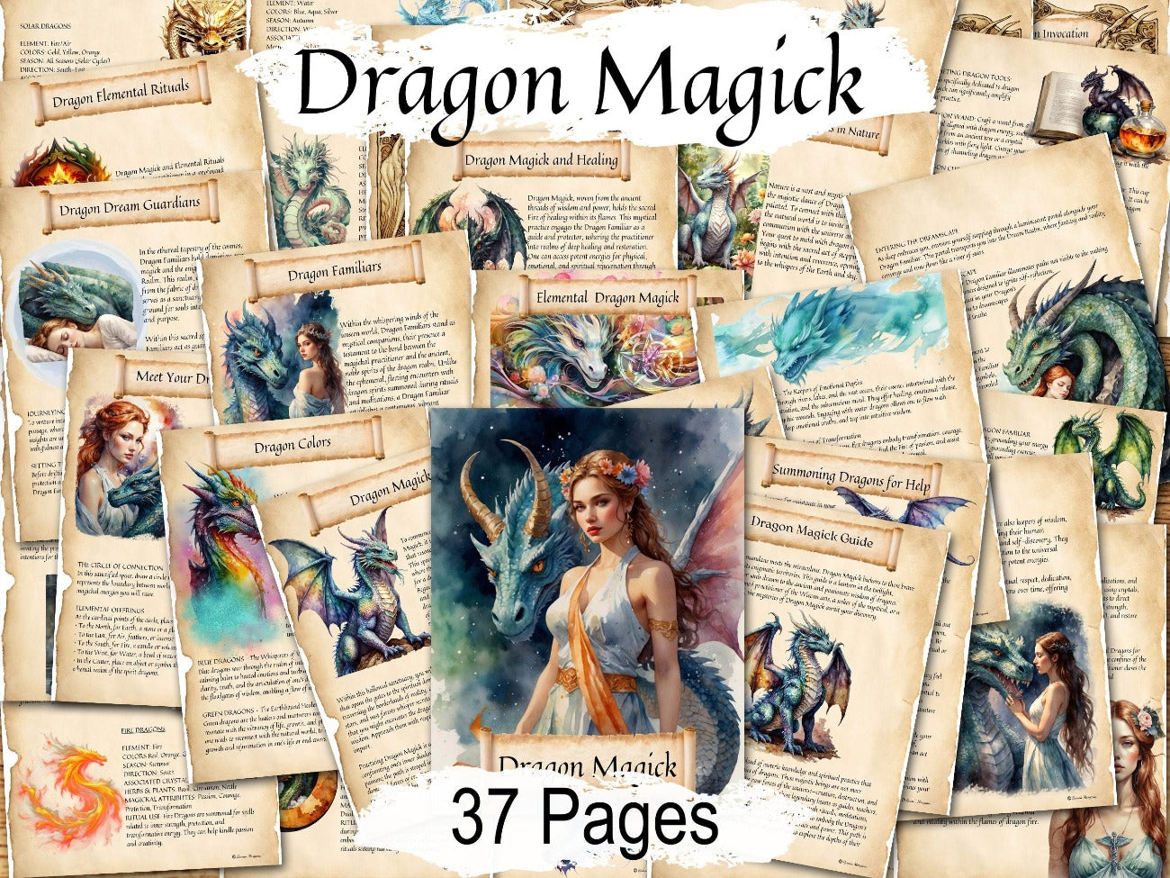 Dragon Magick Printable Spellbook - Complete 37 Page Grimoire, Ancient Mythology, Spirit Guide, Dragon Wings Rider, Elemental Incantations - Morgana Magick Spell