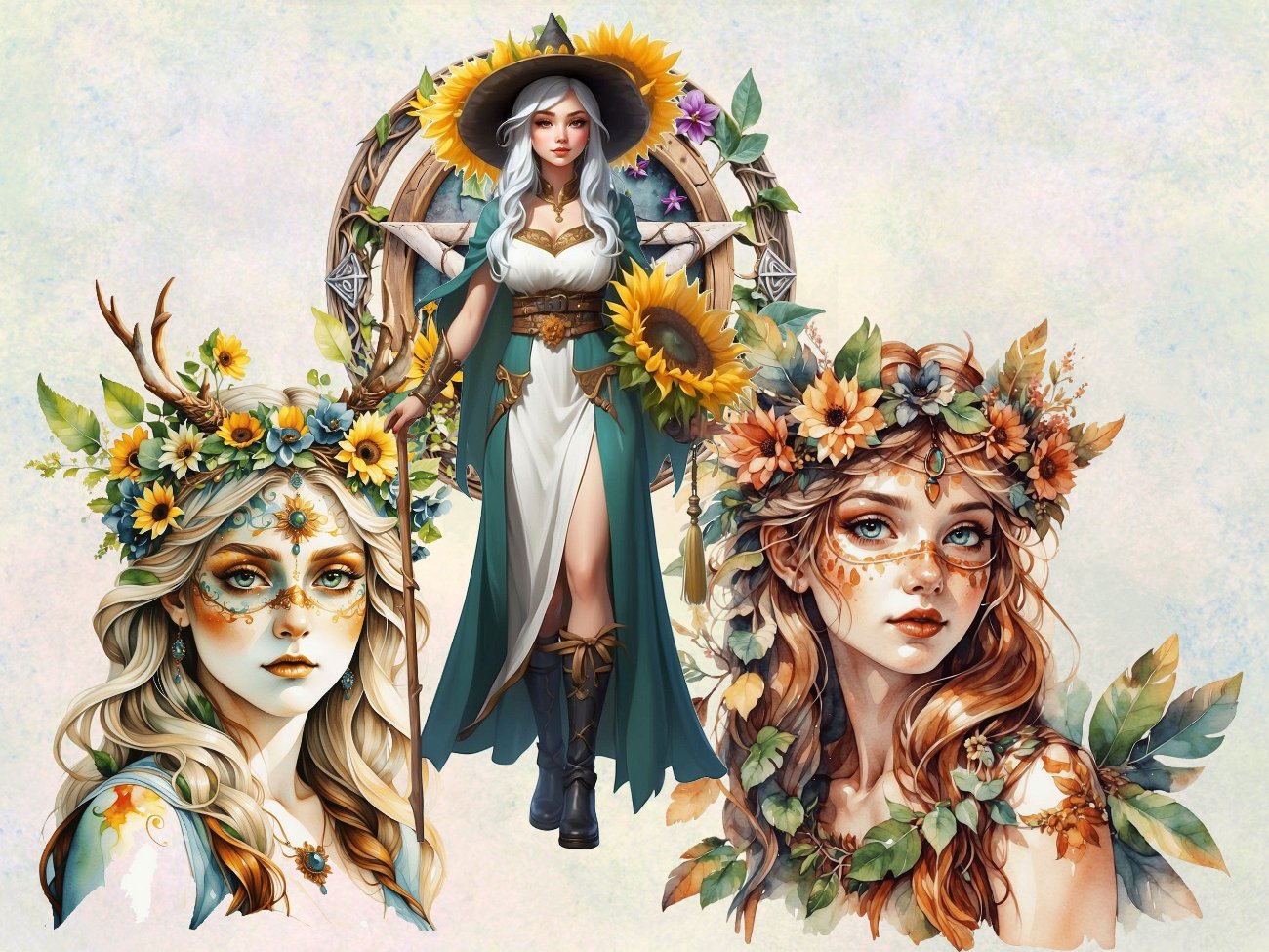 LITHA CLIPART - Summer Solstice, Pagan Wiccan Fantasy Graphics, 24 Watercolor PNGs, Commercial Use - Morgana Magick Spell