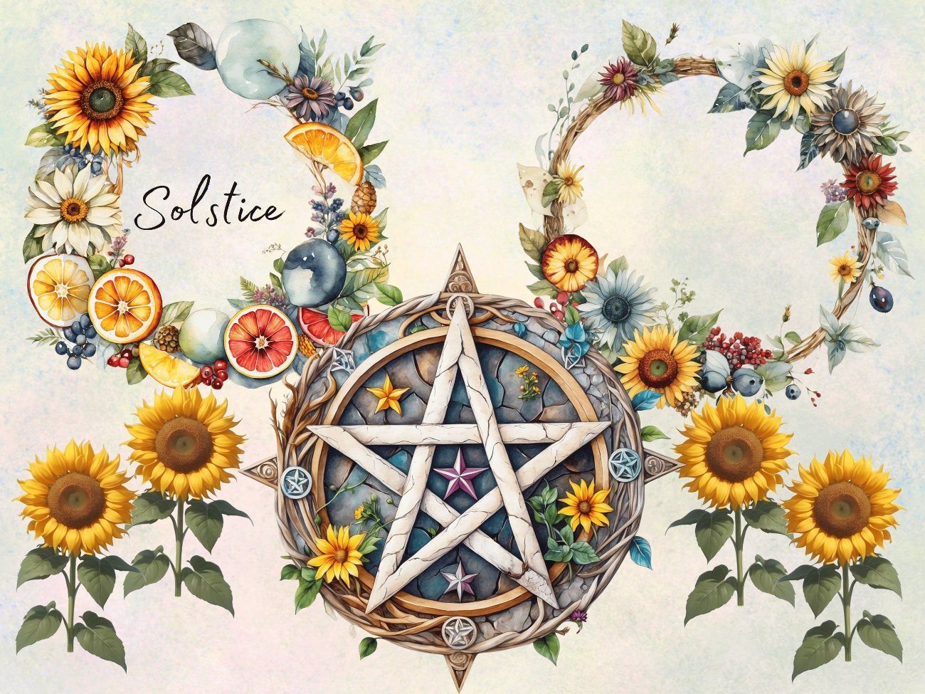 LITHA CLIPART - Summer Solstice, Pagan Wiccan Fantasy Graphics, 24 Watercolor PNGs, Commercial Use - Morgana Magick Spell