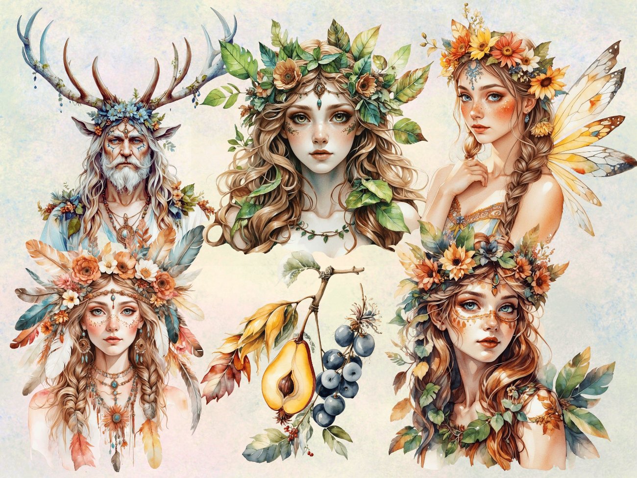 LITHA CLIPART - Summer Solstice, Pagan Wiccan Fantasy Graphics, 24 Watercolor PNGs, Commercial Use - Morgana Magick Spell