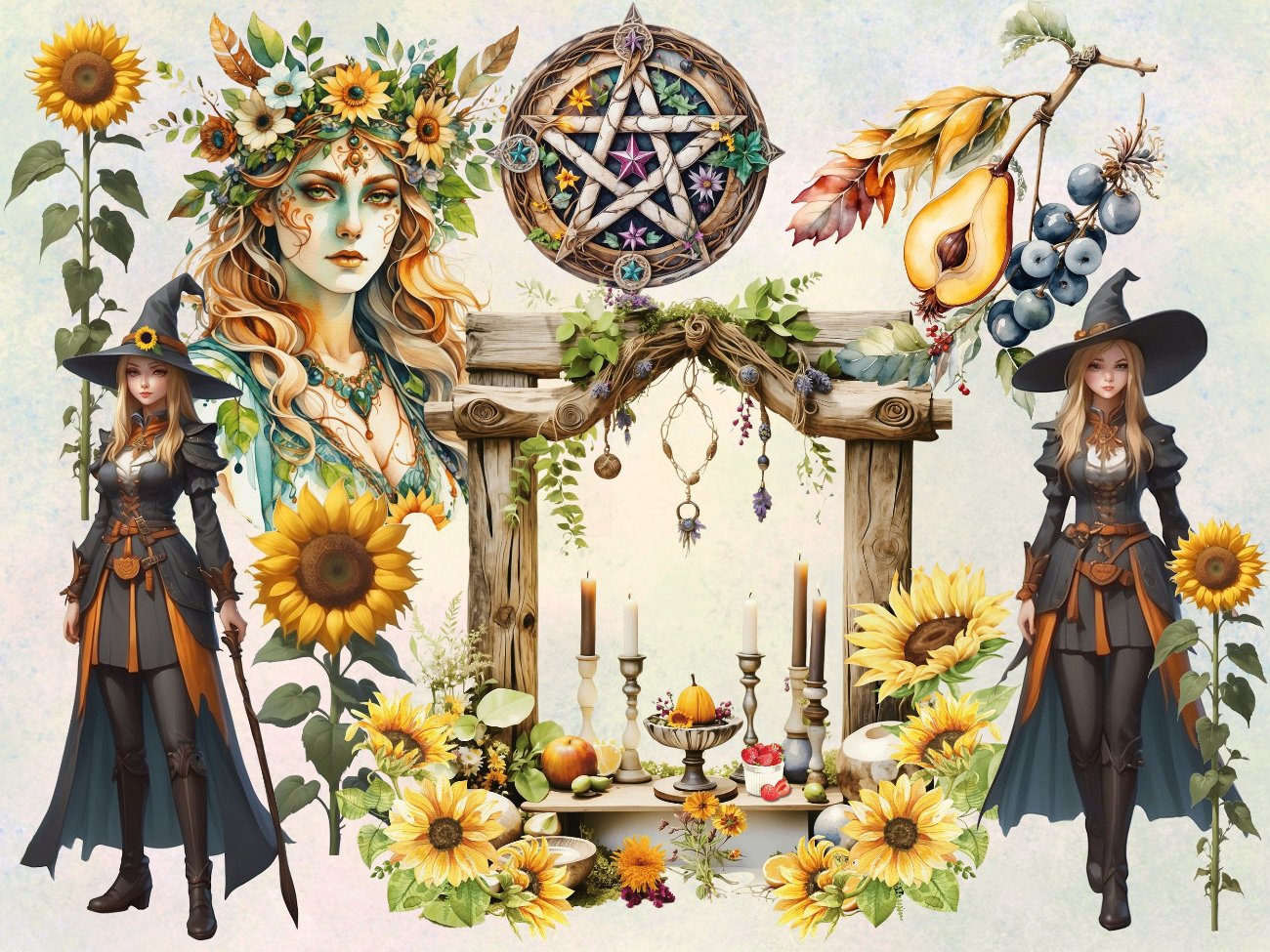 LITHA CLIPART - Summer Solstice, Pagan Wiccan Fantasy Graphics, 24 Watercolor PNGs, Commercial Use - Morgana Magick Spell