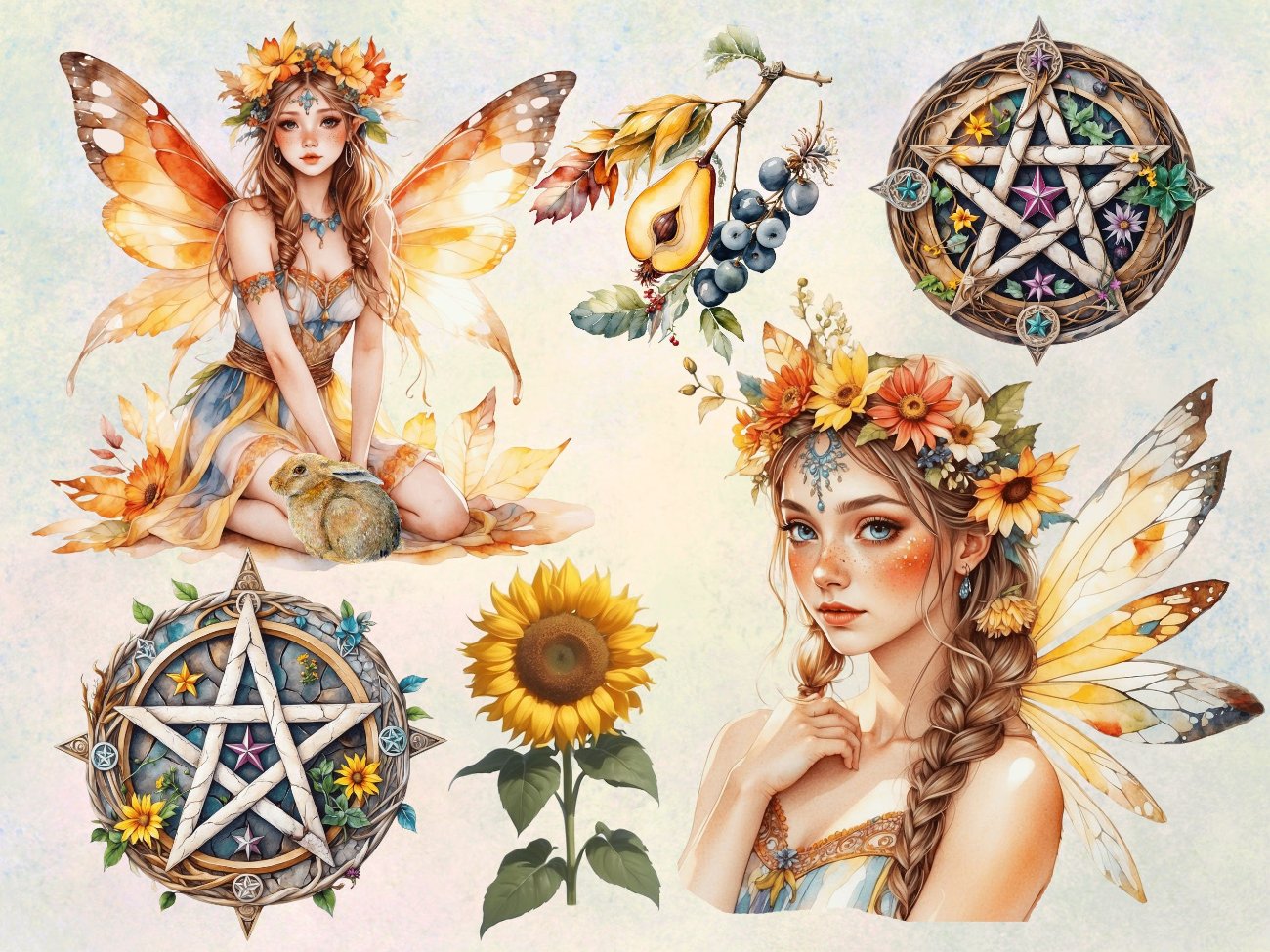 LITHA CLIPART - Summer Solstice, Pagan Wiccan Fantasy Graphics, 24 Watercolor PNGs, Commercial Use - Morgana Magick Spell