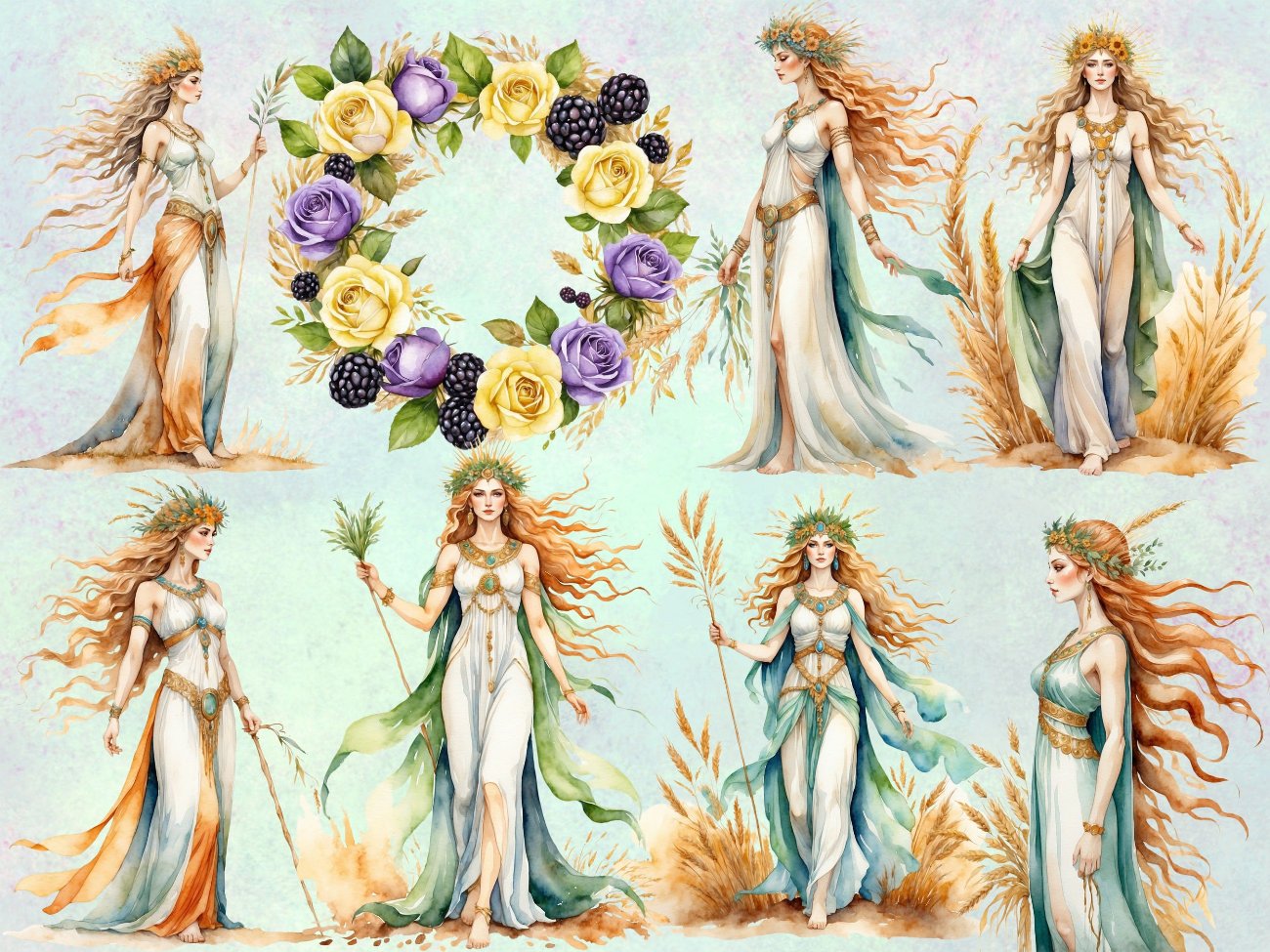 LUGHNASADH CLIPART, Lammas, Goddess Demeter, Sun God Lugh, Pagan Ritual Altar Art, Wicca Sabbat Graphics, 47 Watercolor PNGs, Commercial Use - Morgana Magick Spell