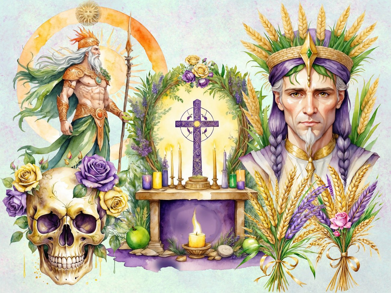 LUGHNASADH CLIPART, Lammas, Goddess Demeter, Sun God Lugh, Pagan Ritual Altar Art, Wicca Sabbat Graphics, 47 Watercolor PNGs, Commercial Use - Morgana Magick Spell