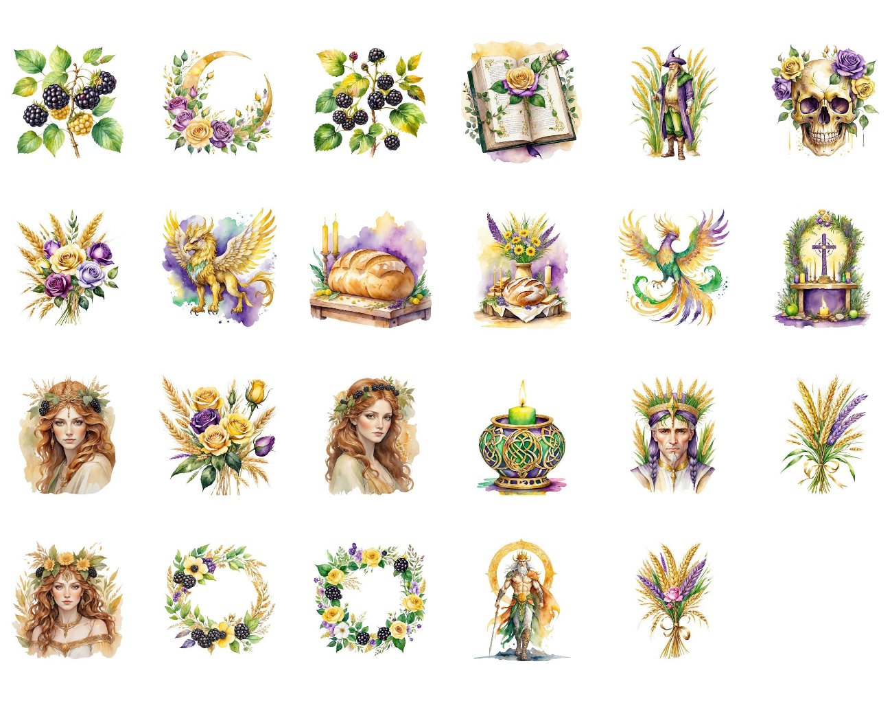 LUGHNASADH CLIPART, Lammas, Goddess Demeter, Sun God Lugh, Pagan Ritual Altar Art, Wicca Sabbat Graphics, 47 Watercolor PNGs, Commercial Use - Morgana Magick Spell