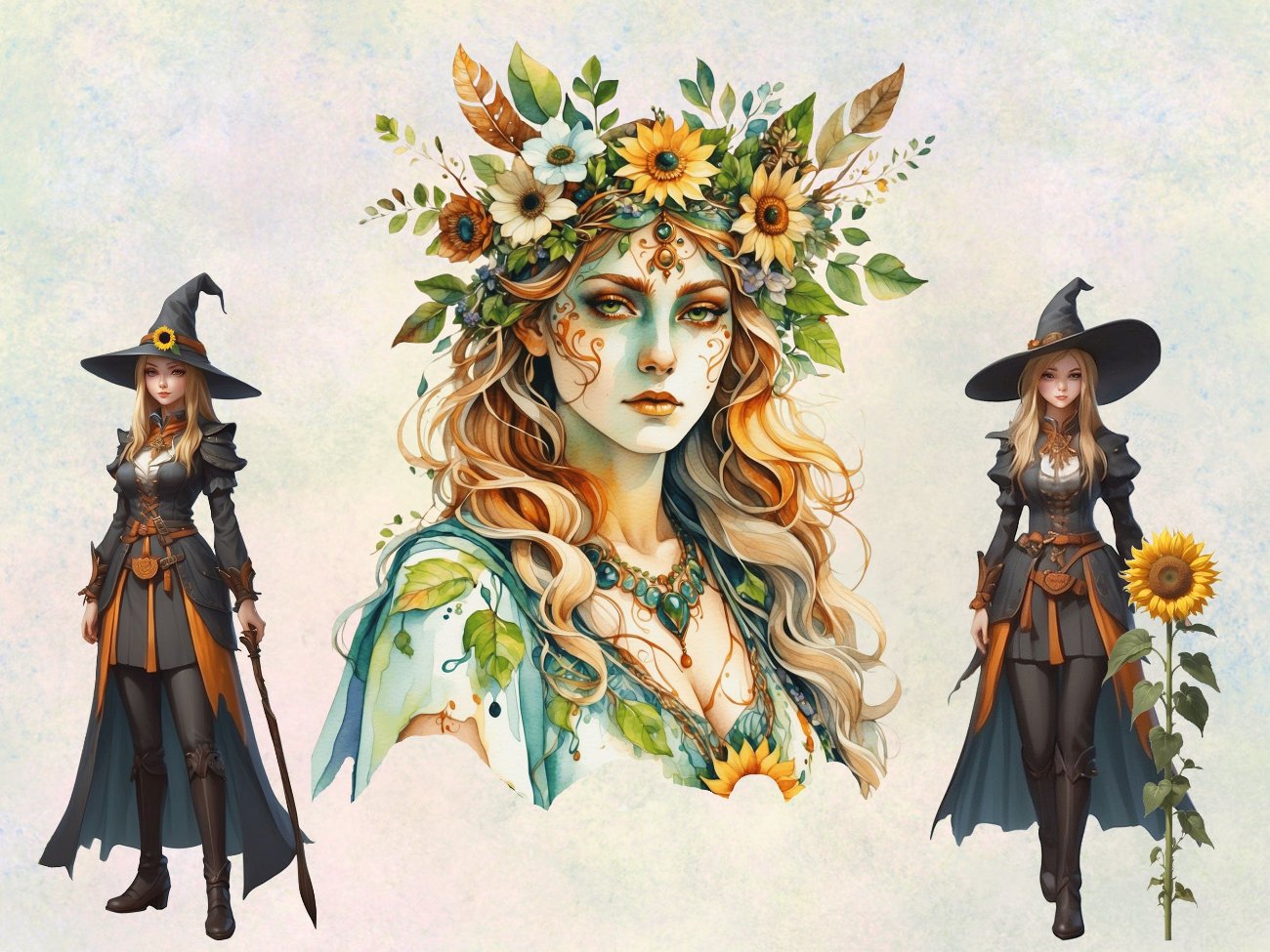 LITHA CLIPART - Summer Solstice, Pagan Wiccan Fantasy Graphics, 24 Watercolor PNGs, Commercial Use - Morgana Magick Spell