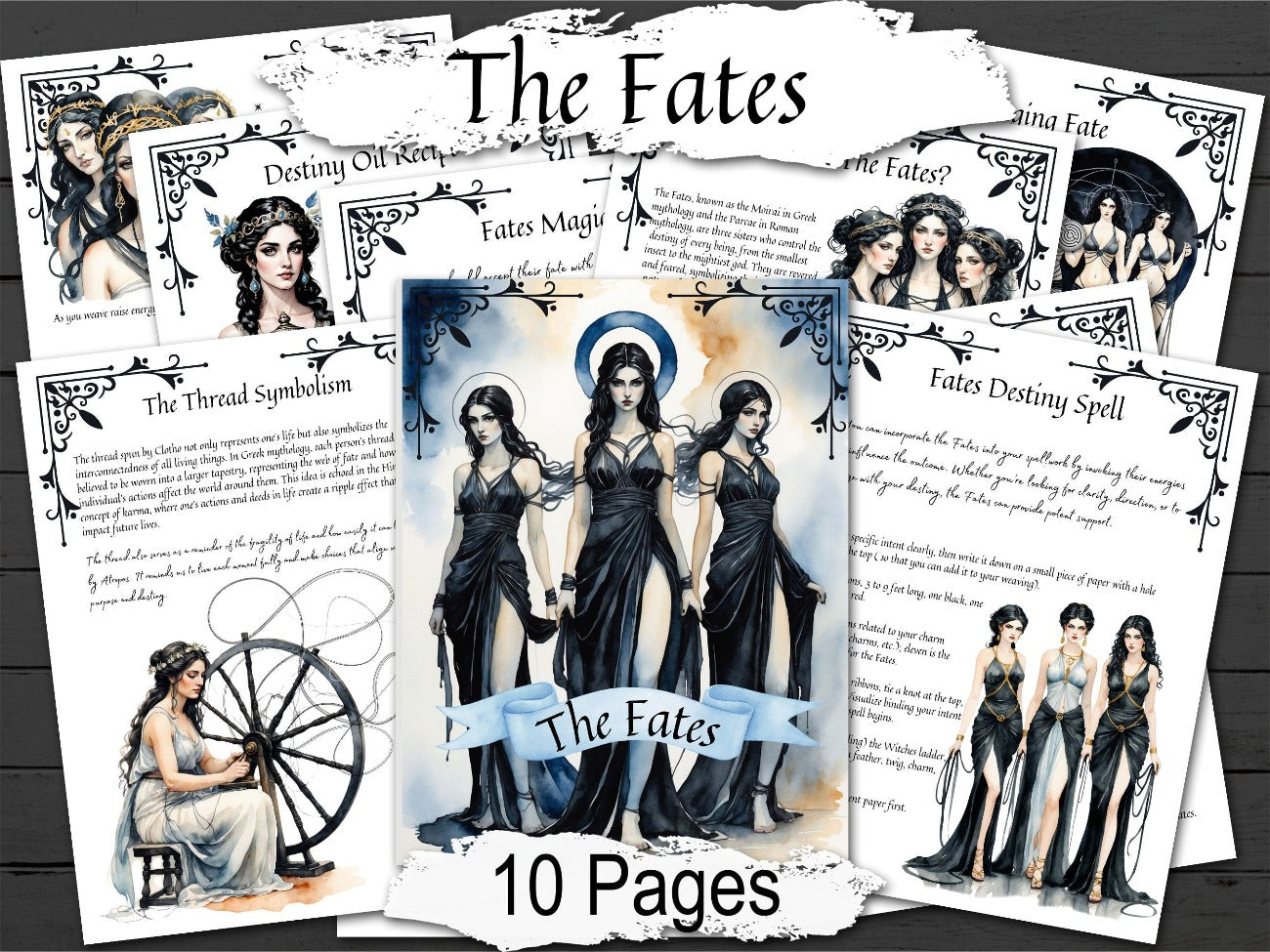 THE FATES, Greek Mythology, Destiny Spell Magic, Clotho Lachesis Atropos, Divine Cosmic Laws, Thread & Spindle, Digital Download, 10 pages