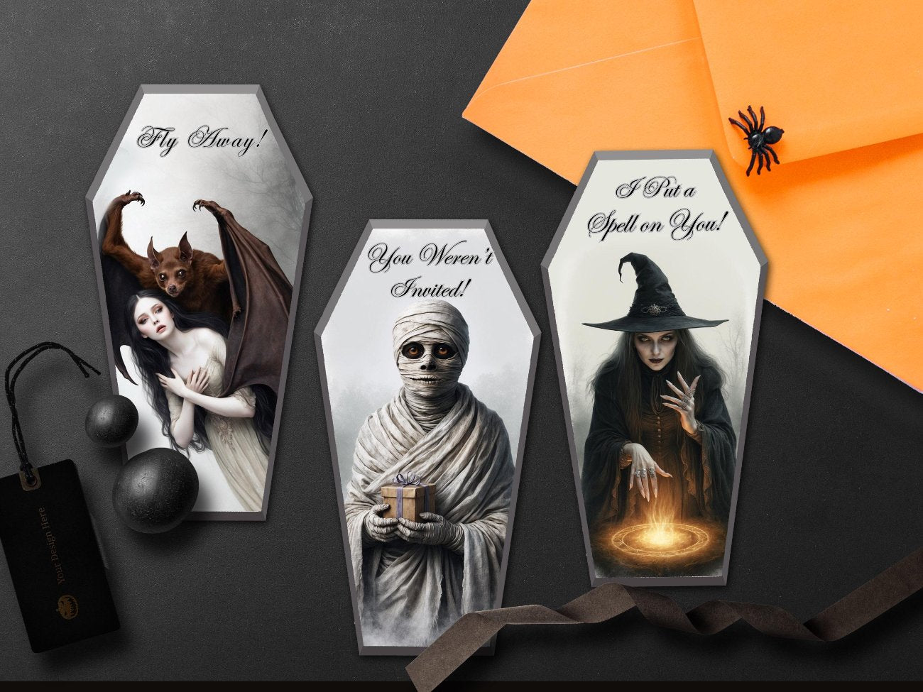 COFFIN CARDS, Halloween Vampire Girl, Horror Art Casket Decoration, Creepy Cute Tombstone, Samhain Gothic Bat Journal, 13 Printable Cards -Morgana Magick Spell