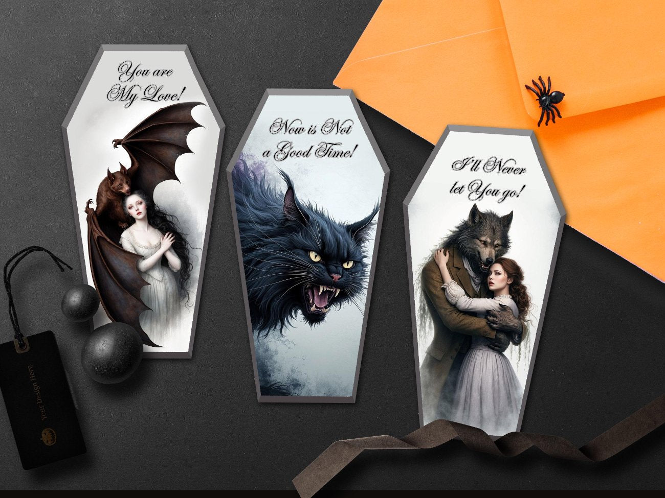 COFFIN CARDS, Halloween Vampire Girl, Horror Art Casket Decoration, Creepy Cute Tombstone, Samhain Gothic Bat Journal, 13 Printable Cards -Morgana Magick Spell