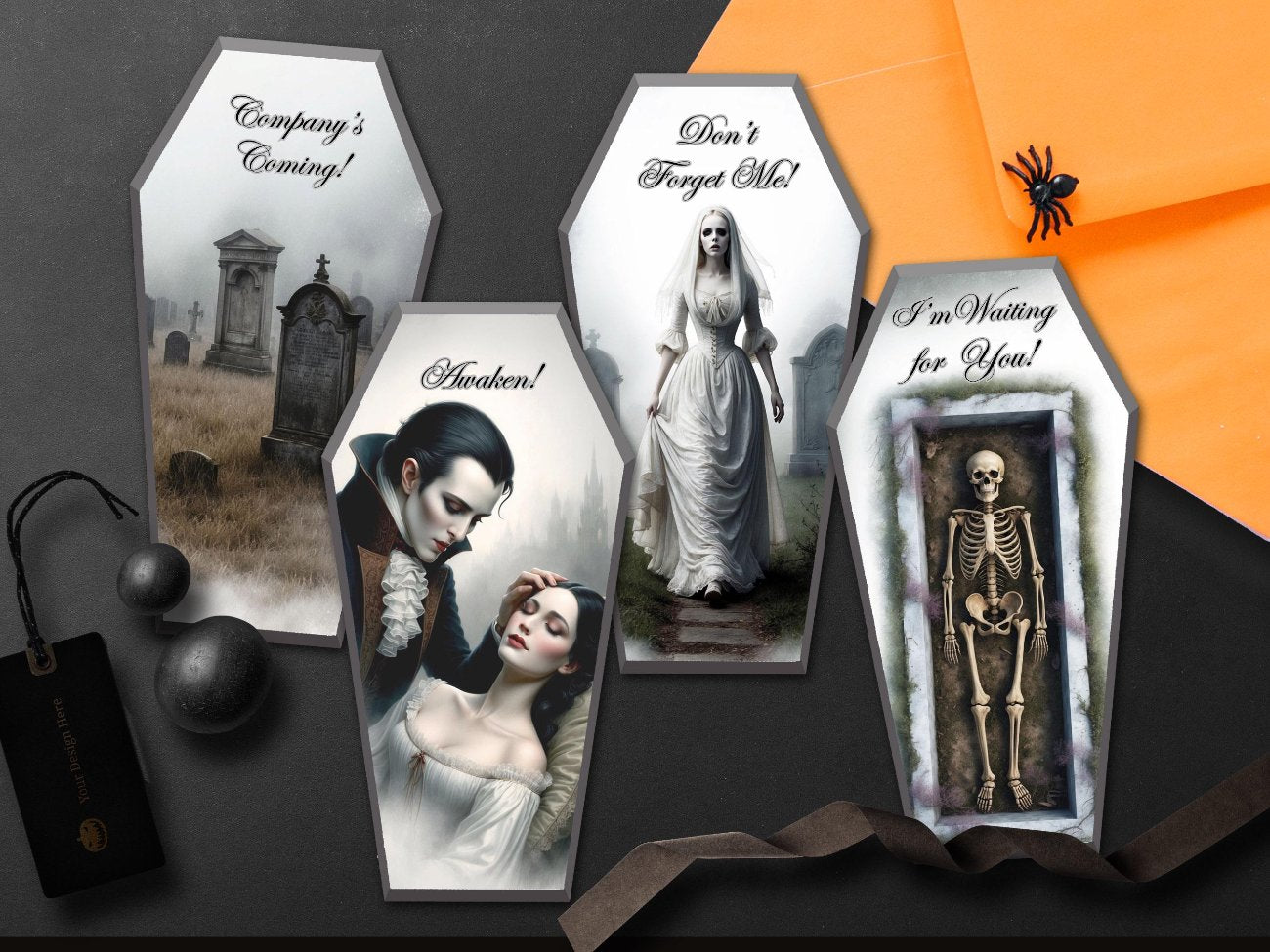 COFFIN CARDS, Halloween Vampire Girl, Horror Art Casket Decoration, Creepy Cute Tombstone, Samhain Gothic Bat Journal, 13 Printable Cards -Morgana Magick Spell