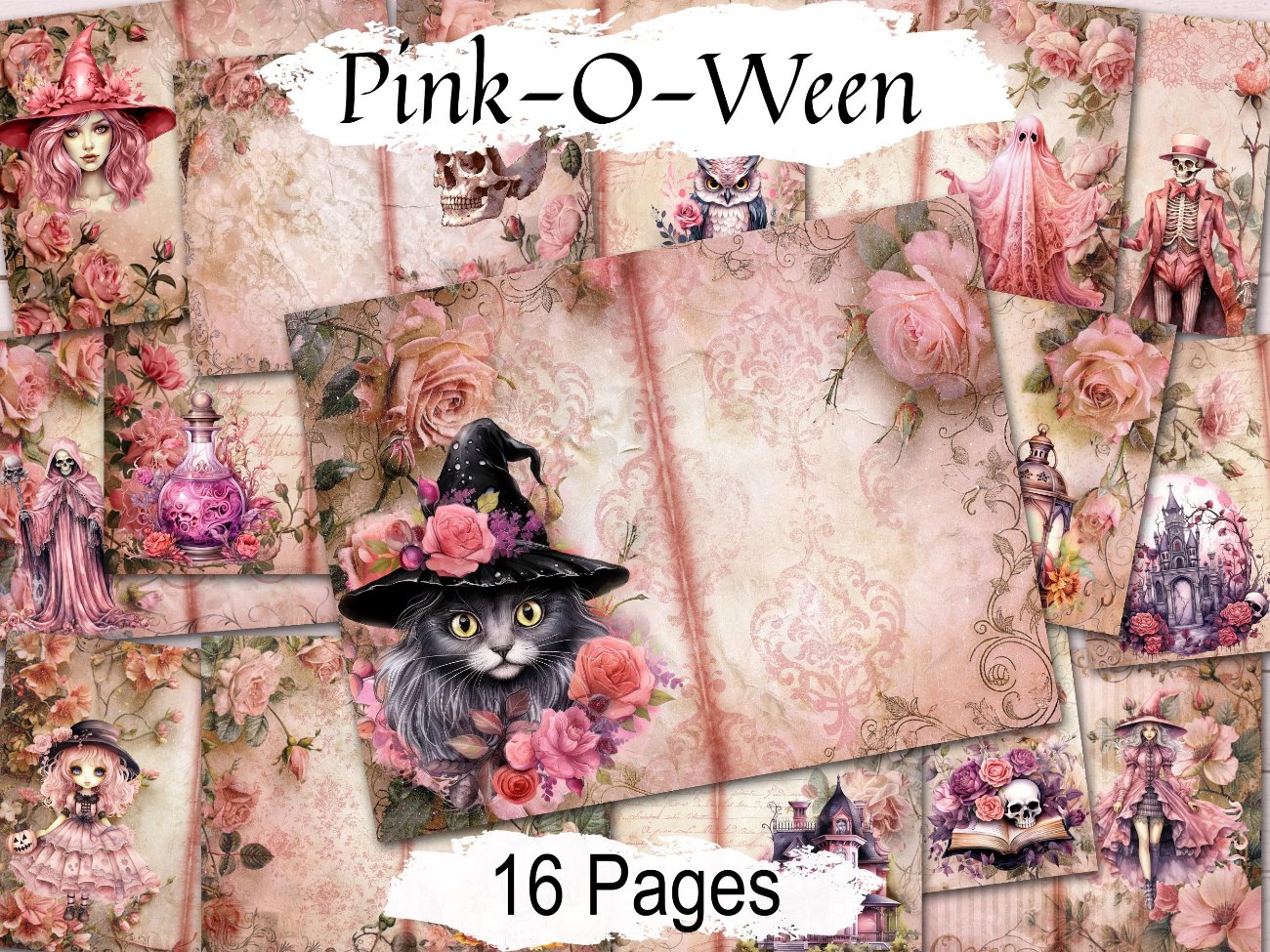 PINK HALLOWEEN JOURNAL, Pinkoween, Spooky Watercolor Floral Pastel, Cute Digital Grimoire Clipart, 16 Printable Double Pages, Gift for Her