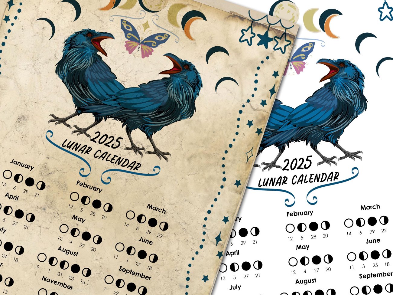 LUNAR CALENDAR 2025, Crow Moon, Wicca Witch Moon Phase Lunar Cycle Chart, Printable Spellbook Page, Makes a Great Gift - Morgana Magick Spell