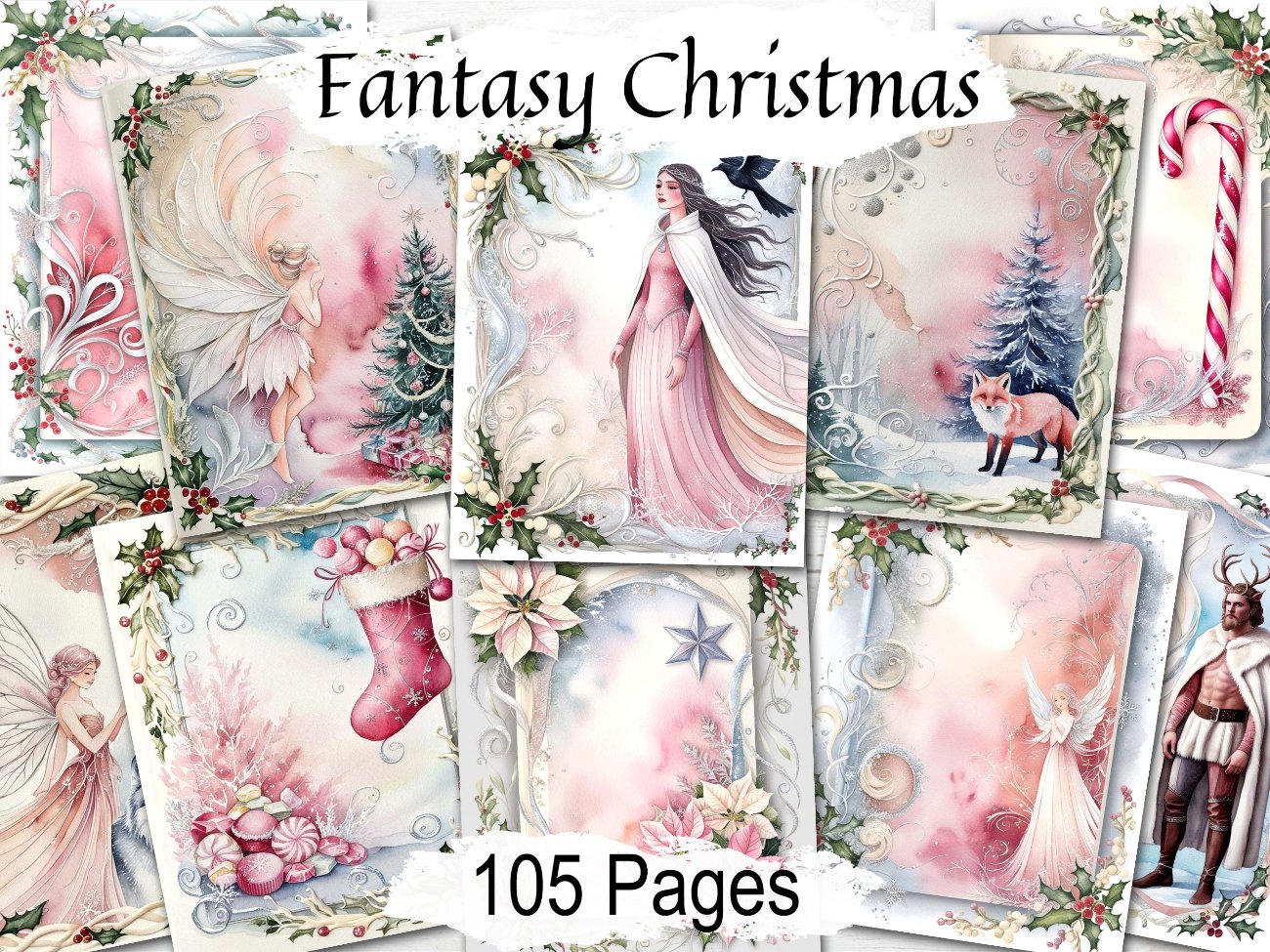 YULE FANTASY, Pink Christmas Junk Journal, 105 Pages, Pastel Decorative Winter Papers - Morgana Magick Spell