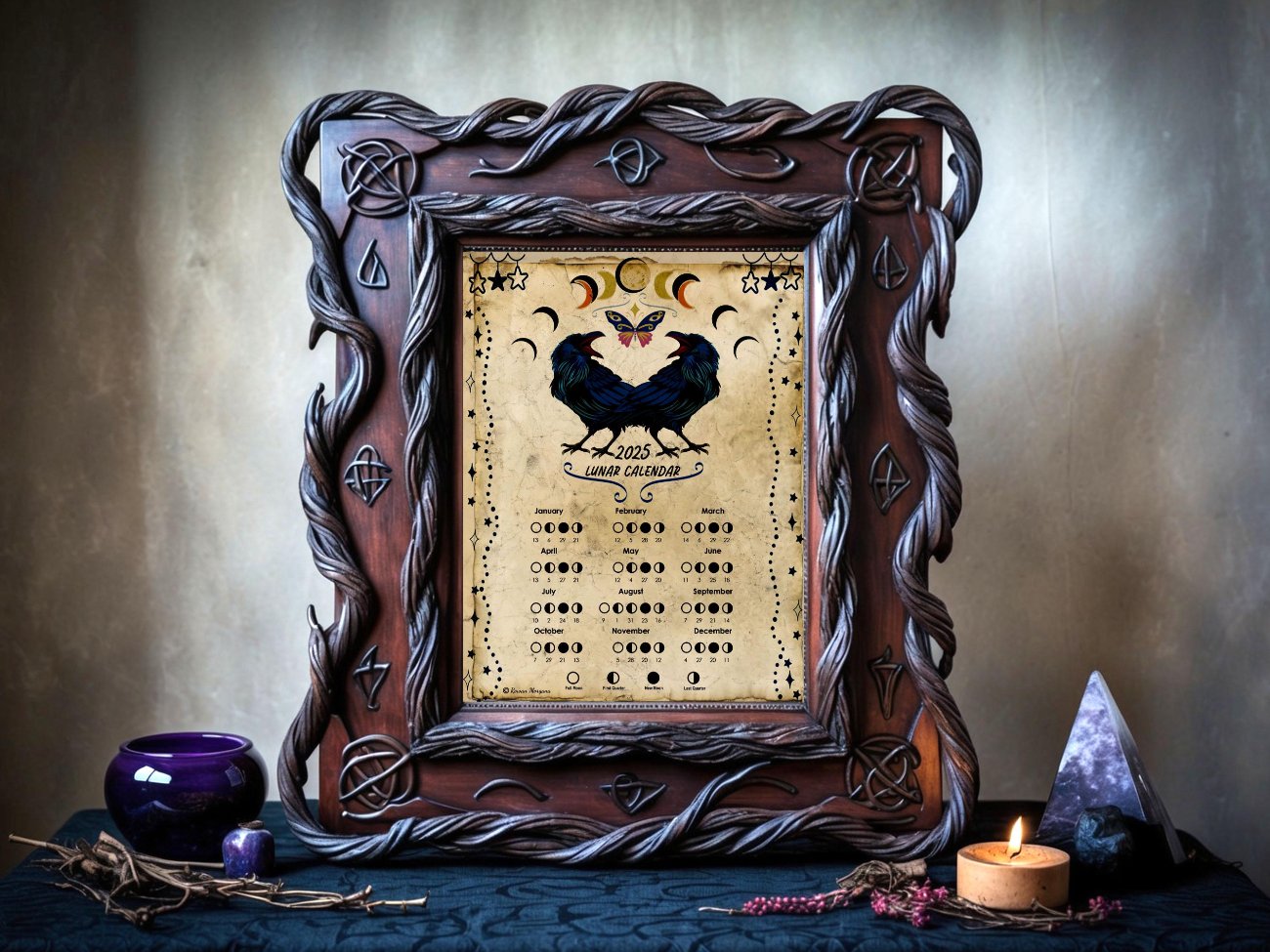 LUNAR CALENDAR 2025, Crow Moon, Wicca Witch Moon Phase Lunar Cycle Chart, Printable Spellbook Page, Makes a Great Gift - Morgana Magick Spell