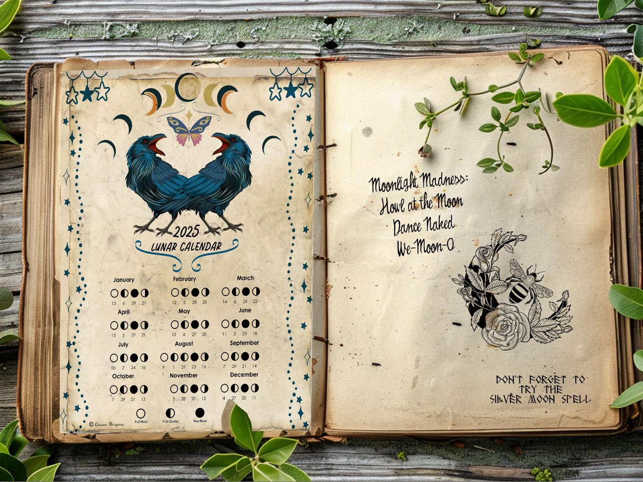 LUNAR CALENDAR 2025, Crow Moon, Wicca Witch Moon Phase Lunar Cycle Chart, Printable Spellbook Page, Makes a Great Gift - Morgana Magick Spell