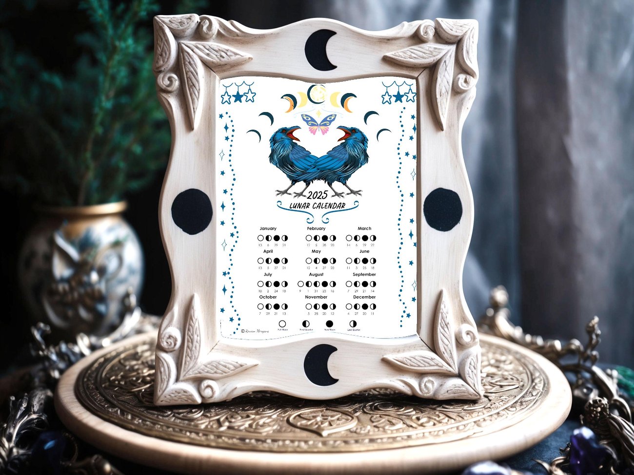 LUNAR CALENDAR 2025, Crow Moon, Wicca Witch Moon Phase Lunar Cycle Chart, Printable Spellbook Page, Makes a Great Gift - Morgana Magick Spell