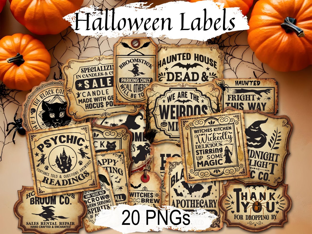 SPOOKY VINTAGE HALLOWEEN Apothecary Labels - Set of 20 PNGs - Morgana Magick Spell