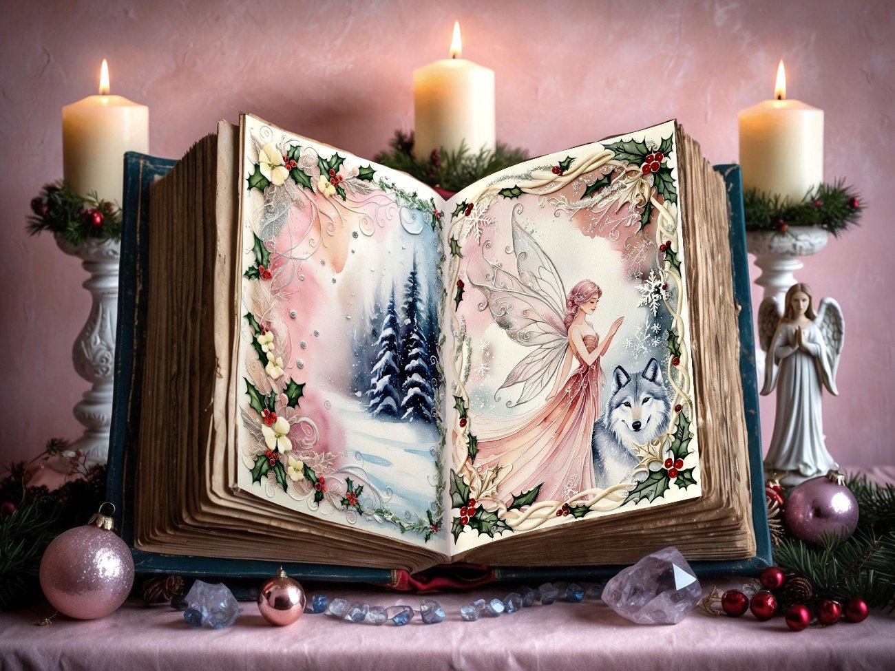 YULE FANTASY, Pink Christmas Junk Journal, 105 Pages, Pastel Decorative Winter Papers - Morgana Magick Spell