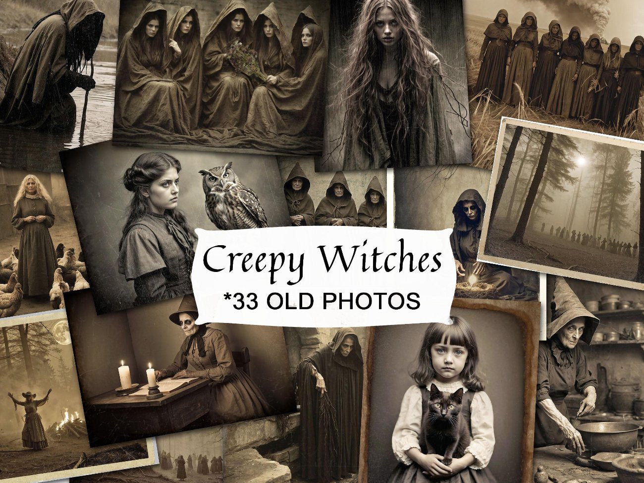 OLD WITCHCRAFT PRINTS, Antique Sepia Photos, Creepy Witch Printable, Commercial Use, 33 Witchy Images, Spooky Book of Shadows Grimoire Kit - Morgana Magick Spell