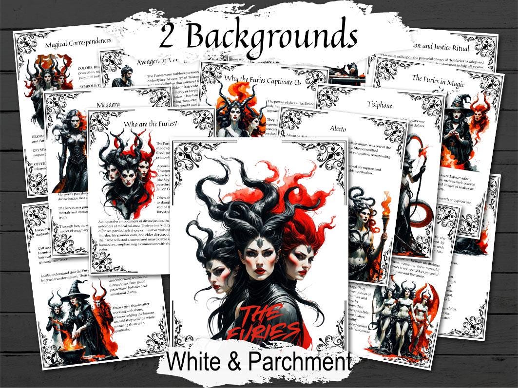 THE FURIES, Greek Mythology, Alecto Megaera  Tisiphone, Goddesses of Vengance & Justice,  Magic and Rituals, 16 Printable Pages - Morgana Magick Spell