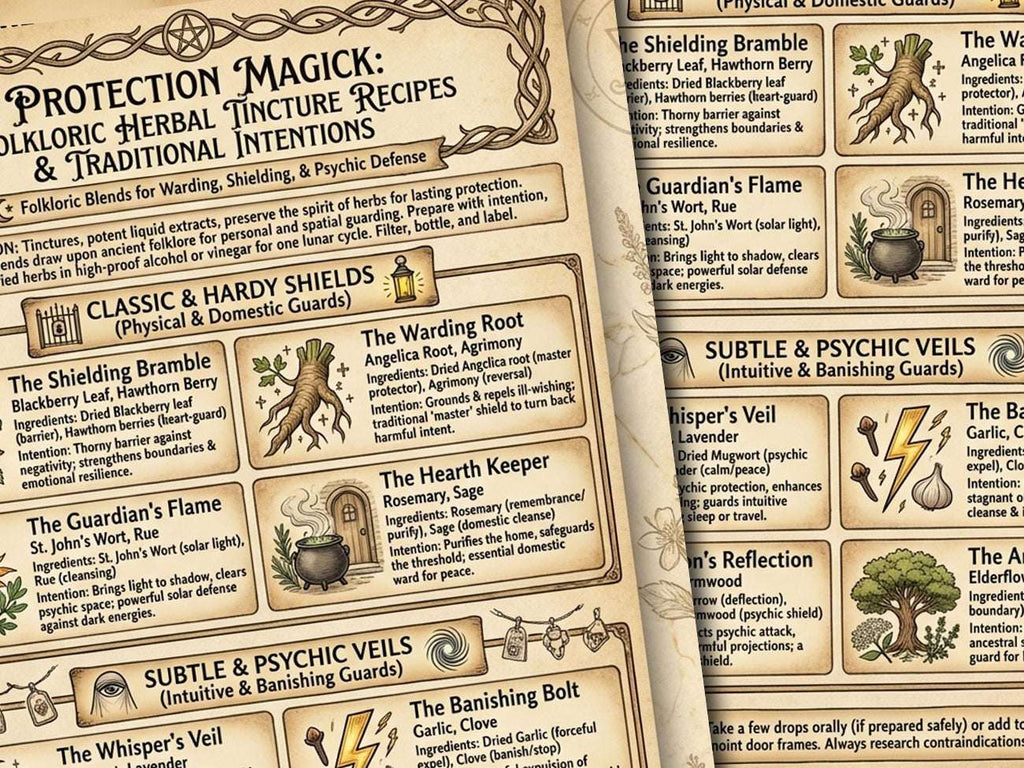Protection Magick Infographic: 8 Folkloric Herbal Tincture Recipes & Traditional Intentions