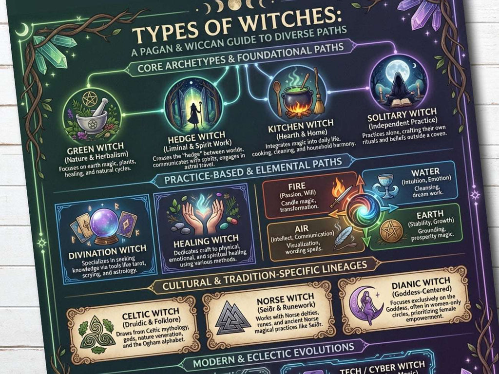 Types of Witches Infographic: A Pagan & Wiccan Guide to Diverse Paths, Witchcraft Printable Grimoire Page