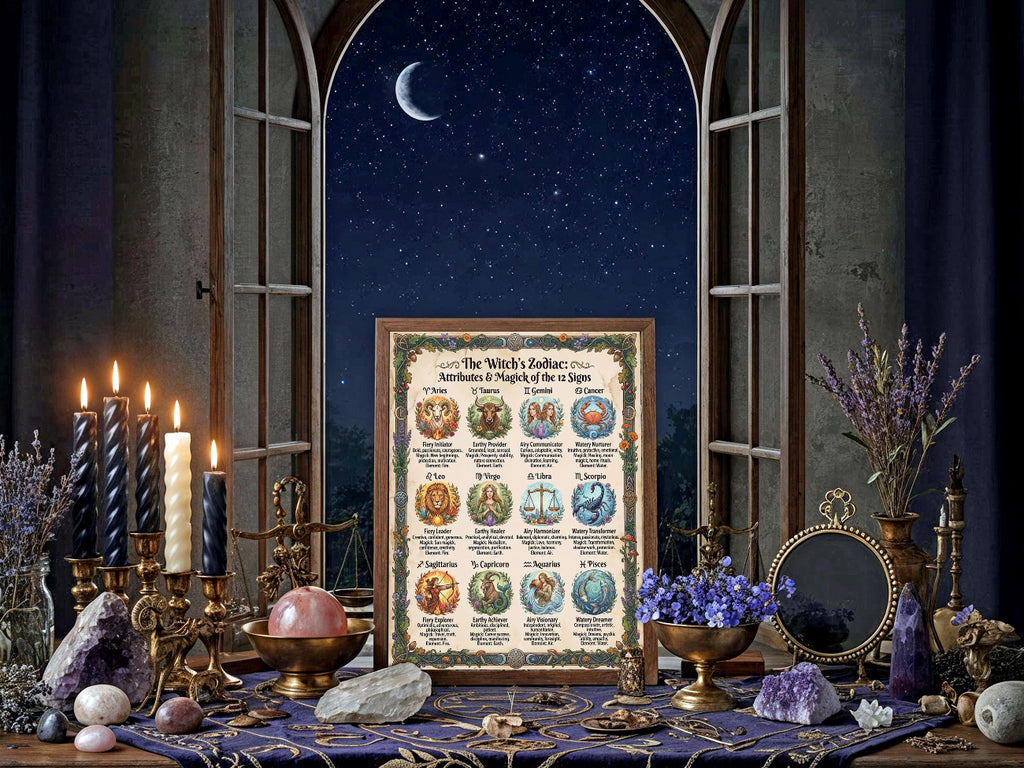Witch's Zodiac Infographic: Book of Shadows, Astrology Guide, Dark Academia Printable