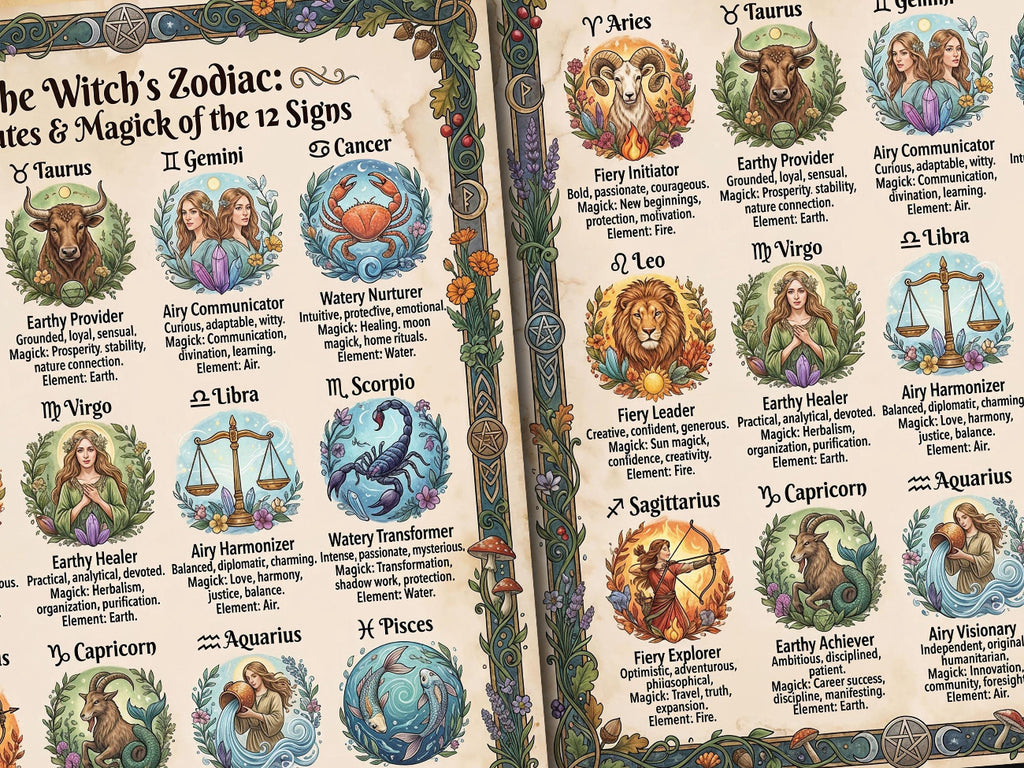 Witch's Zodiac Infographic: Book of Shadows, Astrology Guide, Dark Academia Printable