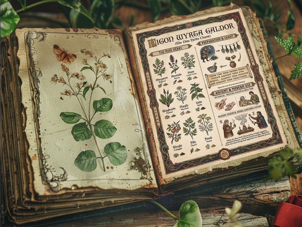 Book of Shadows open to Nigon Wyrth Galdor an ancient parchment page showing how to prepare the medieval nine herbs charm,  with botanical illustrations and text on a wooden surface