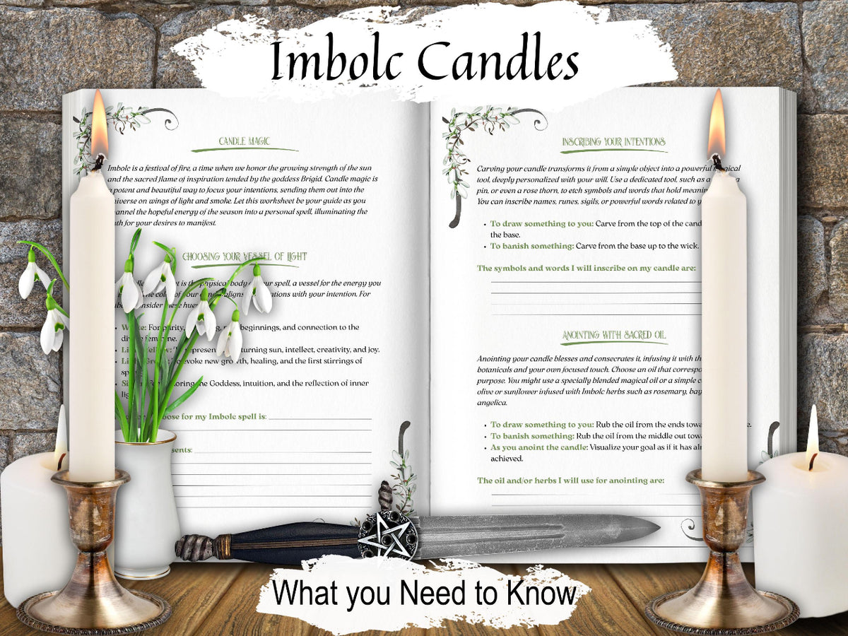 Imbolc Sabbat Worksheets featuring everything you need to know about Imbolc Candles.