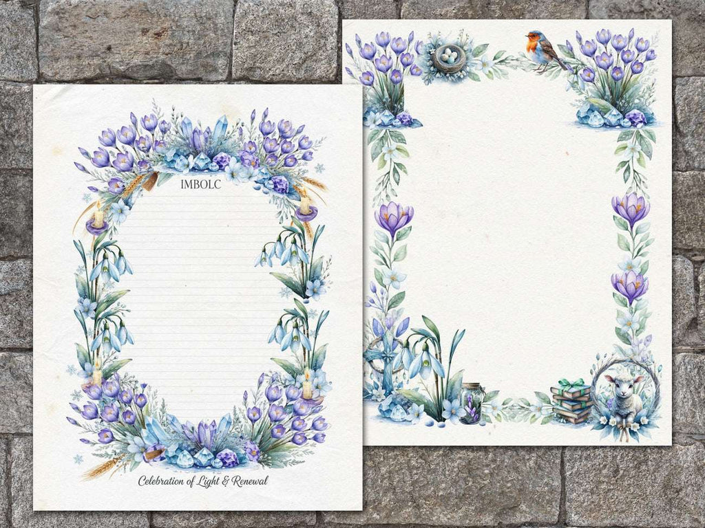 Imbolc Junk Journal Kitfeaturing two pages with mauve and blue floral designs with a robin, lamb, candle and spell jar.