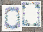Imbolc Junk Journal Kitfeaturing two pages with mauve and blue floral designs with a robin, lamb, candle and spell jar.