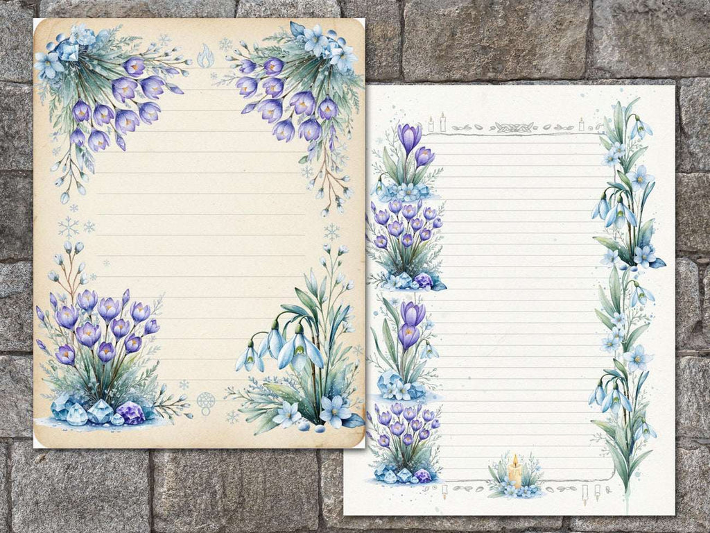 Imbolc Junk Journal Kit featuring two pages with snowdrops and crocus borders.