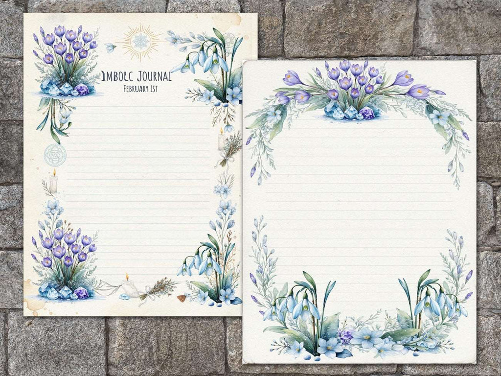 Imbolc Junk Journal Kit featuring February 1 date along with lined pages with decorative spring floral designs.