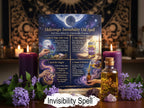 Magical spellbook titled 'Heliotrope Invisibility Oil Spell' with candles and purple flowers on a dark background.