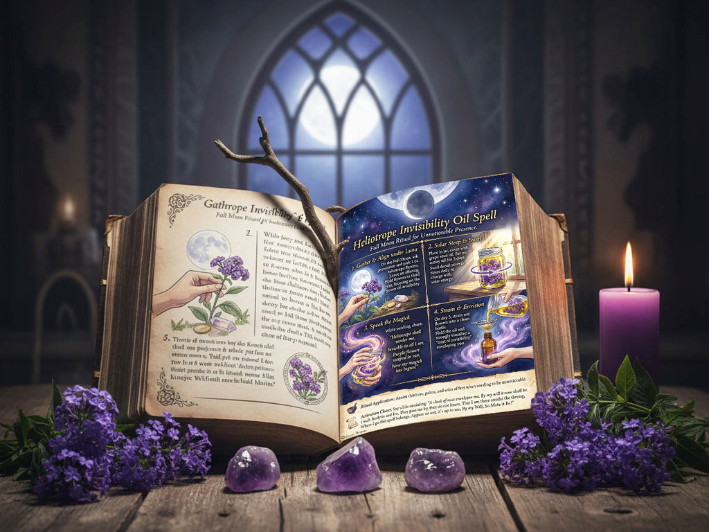 Open book with magical spellbook pages, purple flowers, and a candle in a mystical setting.