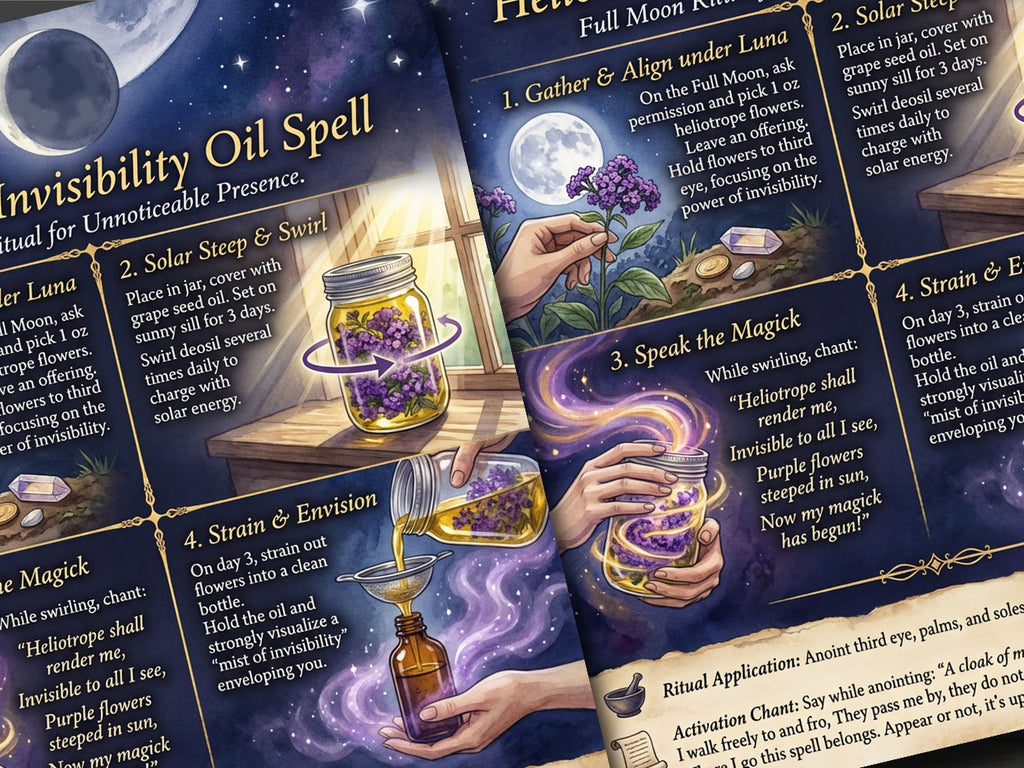 Closeup of Magical spellbook pages with illustrations of herbs, jars, and a full moon, focusing on invisibility oil spell.