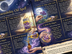 Closeup of Magical spellbook pages with illustrations of herbs, jars, and a full moon, focusing on invisibility oil spell.
