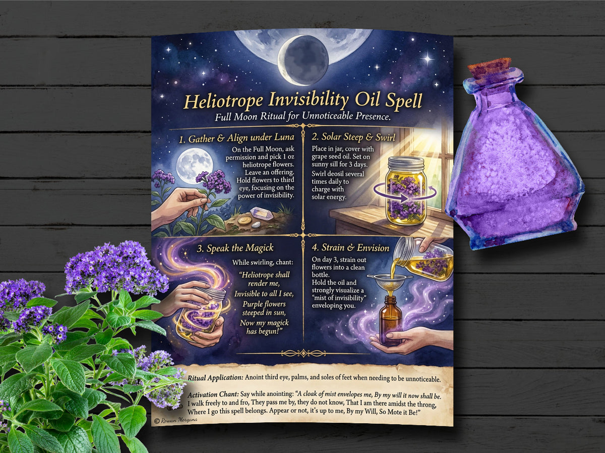 Heliotrope invisibility oil spell page with purple bottle and flowers on a wooden surface