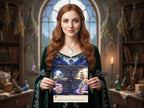Woman holding a spellbook in a magical room with books and potions.