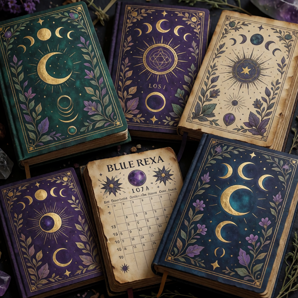 A set of decorative hardcover journals with mystical celestial designs, including crescent moons, stars, and floral borders in purple, teal, and beige tones. One journal in the center shows a vintage-style calendar page titled 'BLUE REXA'.