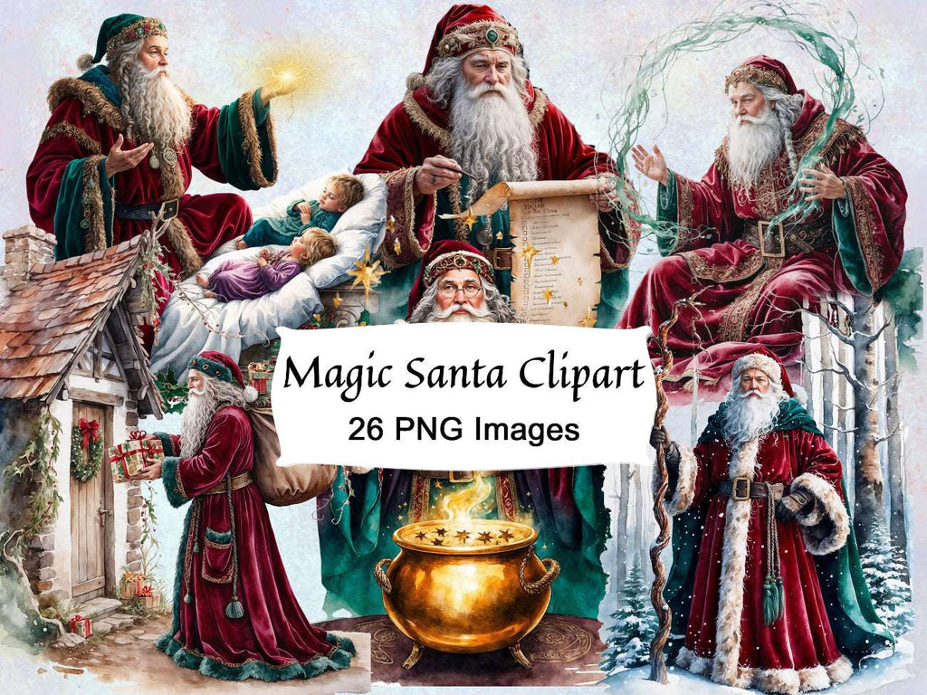 MAGIC SANTA CLAUS - Christmas Digital Prints, 26 Watercolor Art PNGs for Commercial Use